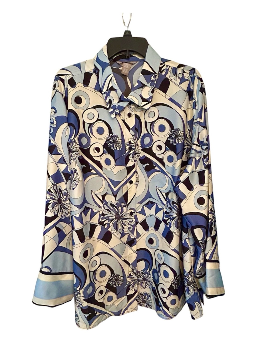 H&M Blue Geometric Pattern Silk-Feel Button-Up Blouse Size XXL